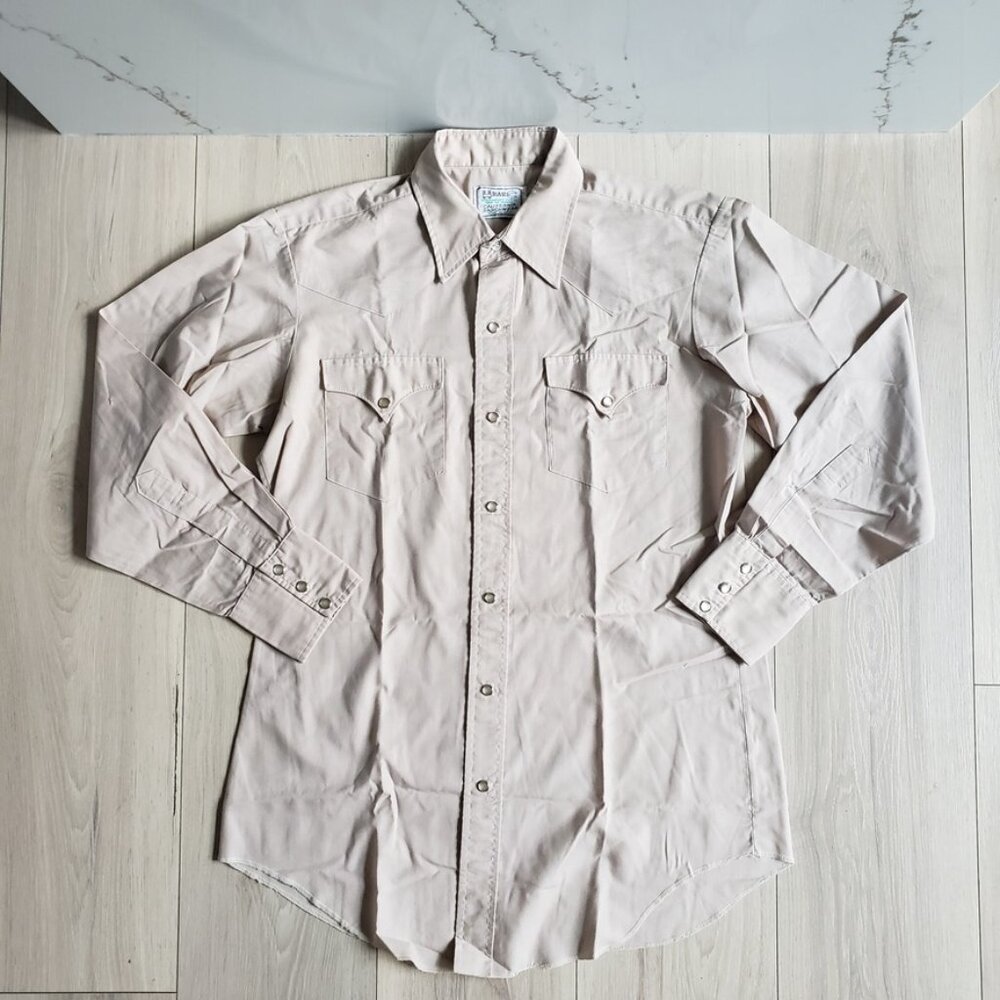 VTG H Bar C California Ranchwear Shirt Mens M Long Tail Khaki Pearl Snap USA